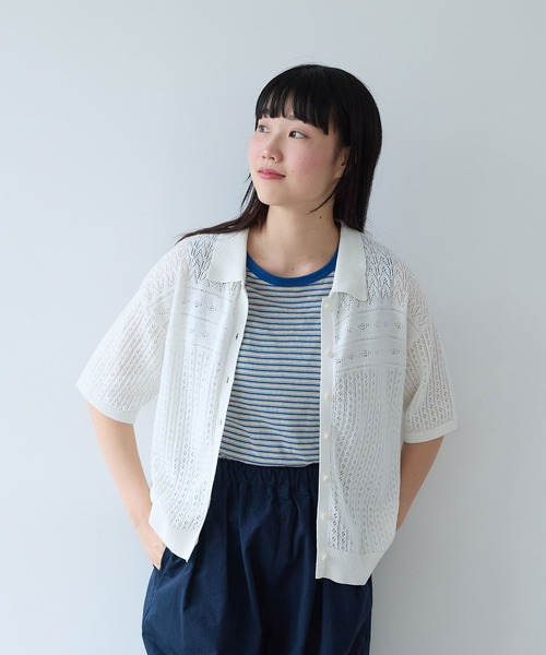 bulle de savon（ビュルデサボン）の「透かし柄　半袖ポロニット（ニット/セーター・レディース・ホワイト/ネイビー・FREE）」の19枚目の写真