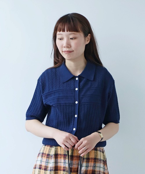 bulle de savon(ビュルデサボン)の「透かし柄 半袖ポロニット(ニット/セーター・レディース・ホワイト/ネイビー/レッド・FREE)」の15枚目の写真