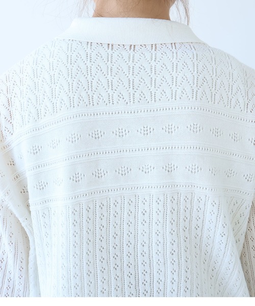 bulle de savon（ビュルデサボン）の「透かし柄　半袖ポロニット（ニット/セーター・レディース・ホワイト/ネイビー・FREE）」の14枚目の写真