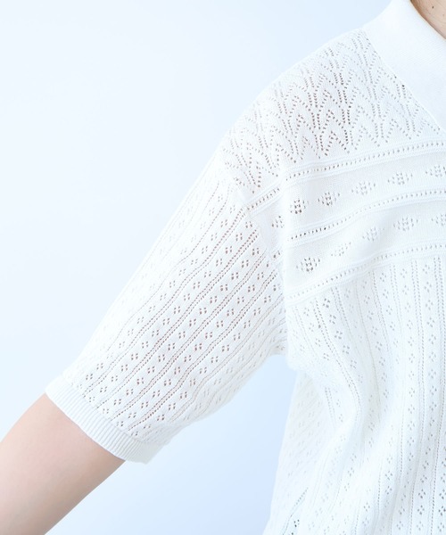 bulle de savon（ビュルデサボン）の「透かし柄　半袖ポロニット（ニット/セーター・レディース・ホワイト/ネイビー・FREE）」の15枚目の写真