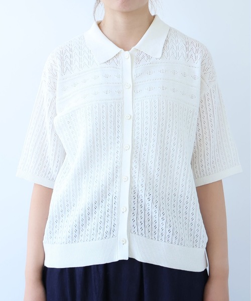 bulle de savon（ビュルデサボン）の「透かし柄　半袖ポロニット（ニット/セーター・レディース・ホワイト/ネイビー・FREE）」の10枚目の写真