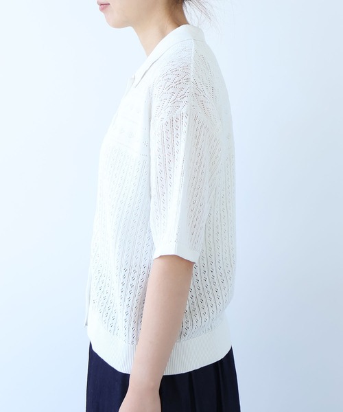 bulle de savon（ビュルデサボン）の「透かし柄　半袖ポロニット（ニット/セーター・レディース・ホワイト/ネイビー・FREE）」の11枚目の写真