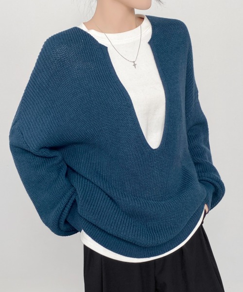 CHUN CHUN NOTES(チュンチュンノーツ)の「大人Vニットプルオーバー/ゆったり美シルエット(ニット/セーター・レディース・ブルー/モカ/ライトグレー・F)」の3枚目の写真