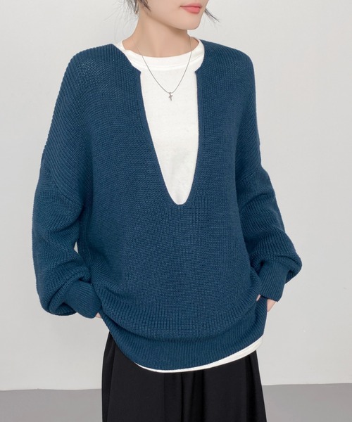 CHUN CHUN NOTES(チュンチュンノーツ)の「大人Vニットプルオーバー/ゆったり美シルエット(ニット/セーター・レディース・ブルー/モカ/ライトグレー・F)」の7枚目の写真