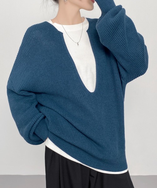 CHUN CHUN NOTES(チュンチュンノーツ)の「大人Vニットプルオーバー/ゆったり美シルエット(ニット/セーター・レディース・ブルー/モカ/ライトグレー・F)」の8枚目の写真