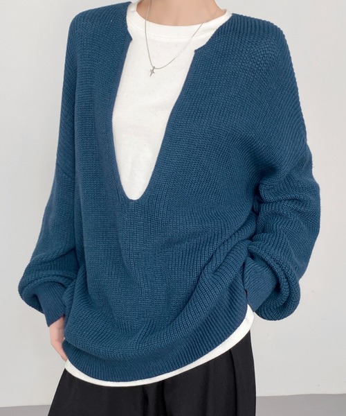 CHUN CHUN NOTES(チュンチュンノーツ)の「大人Vニットプルオーバー/ゆったり美シルエット(ニット/セーター・レディース・ブルー/モカ/ライトグレー・F)」の10枚目の写真