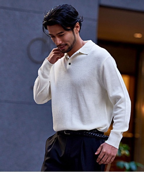 CavariA(キャバリア)の「『CavariA/キャバリア』カシミアタッチ長袖ポロシャツ(ニット/セーター・メンズ・ブラック/ベージュ/ネイビー/チャコールグレー/ホワイト・L/M)」の7枚目の写真