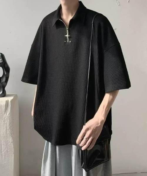 SHEPP(シープ)の「【26年春新作】クロスチャームハーフジップ半袖ワッフルプルオーバー(その他トップス・メンズ・ブラック/ホワイト・L/M)」の7枚目の写真