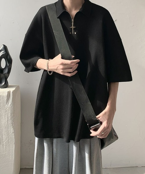 SHEPP(シープ)の「【26年春新作】クロスチャームハーフジップ半袖ワッフルプルオーバー(その他トップス・メンズ・ブラック/ホワイト・L/M)」の8枚目の写真
