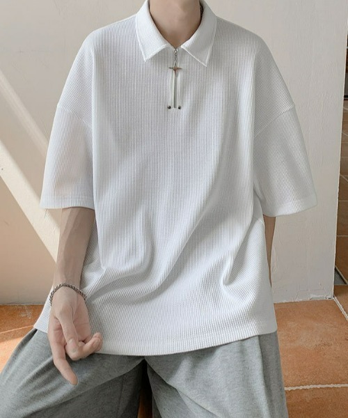 SHEPP(シープ)の「【26年春新作】クロスチャームハーフジップ半袖ワッフルプルオーバー(その他トップス・メンズ・ブラック/ホワイト・L/M)」の5枚目の写真