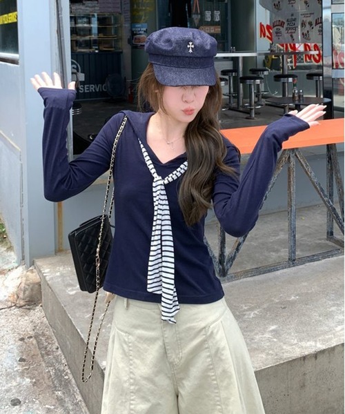 AsheKsha(アシクシャ)の「海軍ストライプショール付き長袖上着(シャツ/ブラウス・レディース・ダークグレー/ネイビー・M)」の9枚目の写真