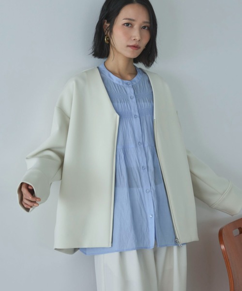 Doux archives(ドゥアルシーヴ)の「ボンディングノーカラーZIPブルゾン(ブルゾン・レディース・アイボリー/サックスブルー/チャコールグレー・FREE)」の15枚目の写真