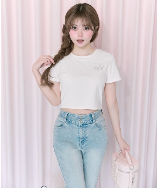 OLIVE des OLIVE（オリーブデオリーブ）の「【Belle Charme】Glitter Logo Crop Tee（Tシャツ/カットソー・レディース・ブラック/オフホワイト/ピンク・FREE）」の7枚目の写真