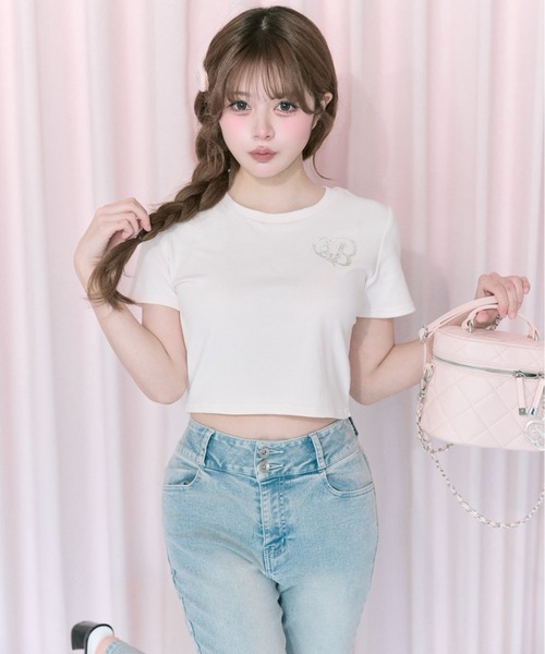 OLIVE des OLIVE（オリーブデオリーブ）の「【Belle Charme】Glitter Logo Crop Tee（Tシャツ/カットソー・レディース・ブラック/オフホワイト/ピンク・FREE）」の8枚目の写真