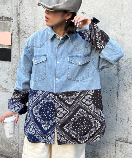 SOUNDSGOOOOD(サウンズグッド)の「【SOUNDS GOOOOD】バンダナ切り替えデニムシャツ(シャツ/ブラウス・レディース・インディゴブルー・ONE SIZE)」の1枚目の写真
