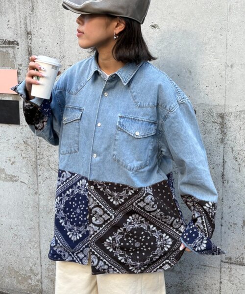 SOUNDSGOOOOD(サウンズグッド)の「【SOUNDS GOOOOD】バンダナ切り替えデニムシャツ(シャツ/ブラウス・レディース・インディゴブルー・ONE SIZE)」の2枚目の写真