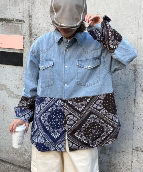 SOUNDSGOOOOD(サウンズグッド)の「【SOUNDS GOOOOD】バンダナ切り替えデニムシャツ(シャツ/ブラウス・レディース・インディゴブルー・ONE SIZE)」の3枚目の写真