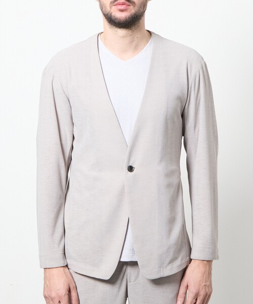 HIDEAWAYS NICOLE（ハイダウェイニコル）の「ヘリンボンジャカード　ノーカラージャケット（ノーカラージャケット・メンズ・ブラック/ライトグレー・M/L/XL）」の4枚目の写真