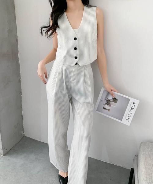 セール】ピンストライプ ジレ ワイドパンツ セットアップ きれいめ