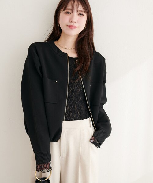 natural couture(ナチュラルクチュール)の「ニットジップブルゾン(ブルゾン・レディース・オフホワイト/ベージュ/ブラック/サックスブルー・FREE)」の2枚目の写真