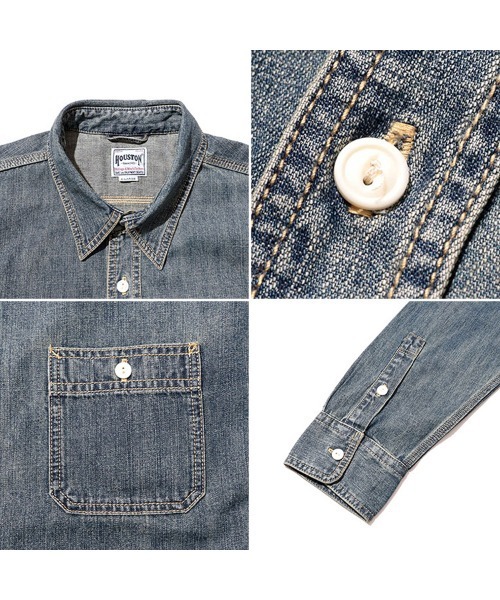 HOUSTON(ヒューストン)の「HOUSTON ヒューストン USA COTTON DENIM WORK SHIRT USAコットン デニム ワークシャツ(シャツ/ブラウス・メンズ・ライトインディゴブルー/ワンウォッシュ/インディゴブルー・XL/L/M)」の9枚目の写真