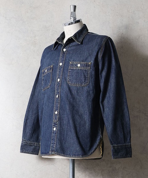 HOUSTON(ヒューストン)の「HOUSTON ヒューストン USA COTTON DENIM WORK SHIRT USAコットン デニム ワークシャツ(シャツ/ブラウス・メンズ・ライトインディゴブルー/ワンウォッシュ/インディゴブルー・XL/L/M)」の4枚目の写真