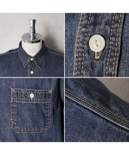 HOUSTON(ヒューストン)の「HOUSTON ヒューストン USA COTTON DENIM WORK SHIRT USAコットン デニム ワークシャツ(シャツ/ブラウス・メンズ・ライトインディゴブルー/ワンウォッシュ/インディゴブルー・XL/L/M)」の12枚目の写真