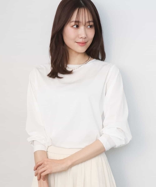 MK MICHEL KLEIN(エムケーミッシェルクラン)の「シルケット天竺リラックスカットソー/接触冷感/洗える(Tシャツ/カットソー・レディース・ターコイズブルー/ブラウン/ホワイト・38)」の2枚目の写真