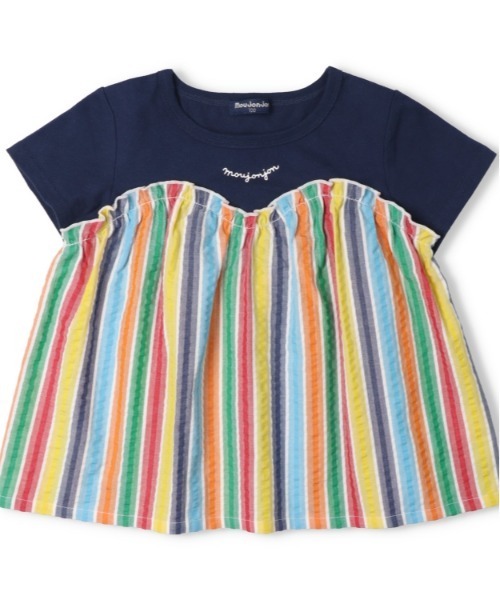 Moujonjon(ムージョンジョン)の「ストライプ切替半袖Tシャツ(Tシャツ/カットソー・キッズ・ホワイト/ネイビー・80/90/100/110/120/130/140)」の2枚目の写真
