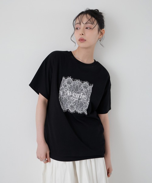 LIAN（リアン）の「【UVカット＆接触冷感】レースレイヤードロゴTシャツ（Tシャツ/カットソー・レディース・オフホワイト/チャコールグレー/ブラック・FREE）」の13枚目の写真
