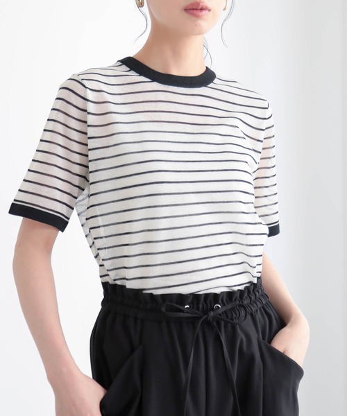 for/c(フォーシー)の「ニットリンガーT/ボーダーT【サスティナブル】(Tシャツ/カットソー・レディース・アイボリー/レッド系/ホワイト系/チャコール/ブルー系・M/L)」の2枚目の写真