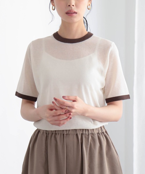 for/c(フォーシー)の「ニットリンガーT/ボーダーT【サスティナブル】(Tシャツ/カットソー・レディース・アイボリー/レッド系/ホワイト系/チャコール/ブルー系・M/L)」の1枚目の写真