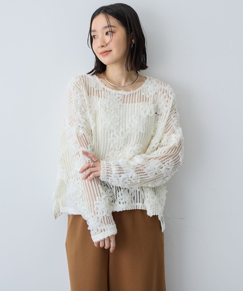 anyfee(エニフィー)の「【anyfee/大きいサイズ】3Dフラワーレースメッシュトップス(シャツ/ブラウス・レディース・ブラック/アイボリー・3L/LL/5L/4L)」の1枚目の写真