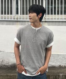 ヘンリーネックワッフル半袖Tシャツグレー