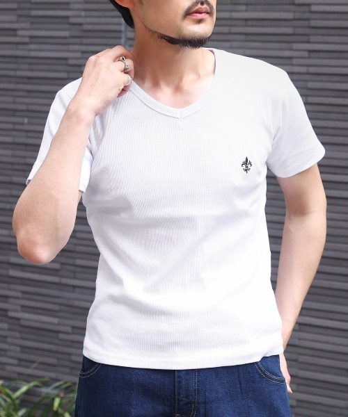 LUXSTYLE(ラグスタイル)の「テレコ刺繍VネックTシャツ(Tシャツ/カットソー・メンズ・ブラック/ホワイト・M/L)」の1枚目の写真