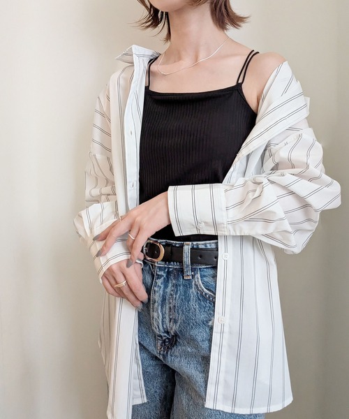 styiro(スタイロ)の「オーバーサイズストライプシャツ レディース 長袖 羽織り ビッグシャツ オフィスカジュアル 秋服(シャツ/ブラウス・レディース・ホワイト/ネイビー系/グリーン・L/M)」の5枚目の写真
