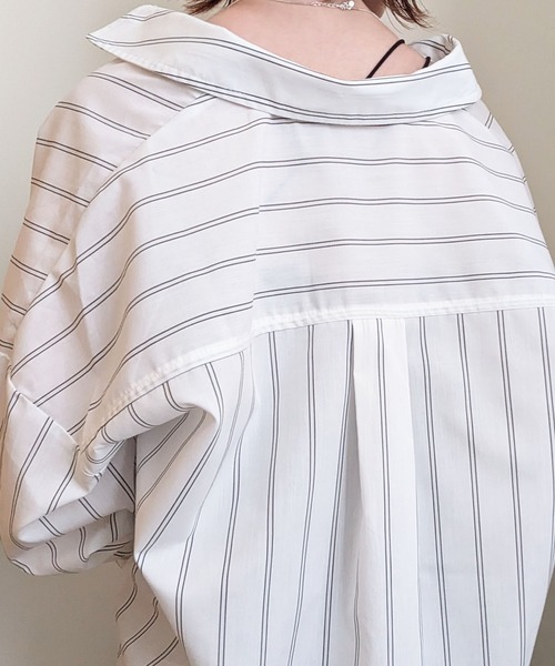 styiro(スタイロ)の「オーバーサイズストライプシャツ レディース 長袖 羽織り ビッグシャツ オフィスカジュアル 秋服(シャツ/ブラウス・レディース・ホワイト/ネイビー系/グリーン・L/M)」の12枚目の写真