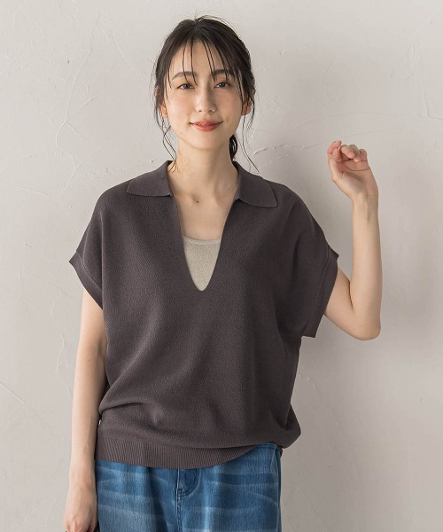 Droite lautreamont（ドロワットロートレアモン）の「強撚鹿の子ポロドッキングニット（ニット/セーター・レディース・ブラウン/オフホワイト/チャコールグレー・M）」の15枚目の写真