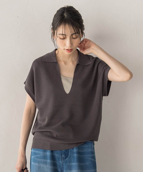 Droite lautreamont（ドロワットロートレアモン）の「強撚鹿の子ポロドッキングニット（ニット/セーター・レディース・ブラウン/オフホワイト/チャコールグレー・M）」の18枚目の写真