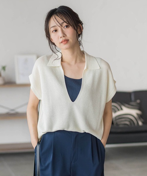 Droite lautreamont（ドロワットロートレアモン）の「強撚鹿の子ポロドッキングニット（ニット/セーター・レディース・ブラウン/オフホワイト/チャコールグレー・M）」の8枚目の写真