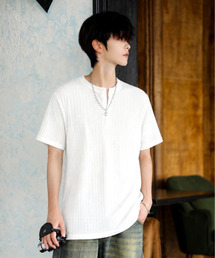 【neos】ヘンリーネック Tシャツ メンズ 半袖 ニットソー リブ編み ルーズシルエット 韓国 カットソー