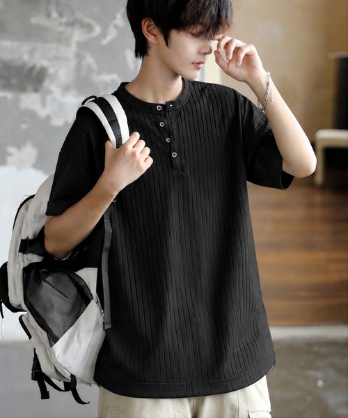 neos(ネオス)の「【neos】ヘンリーネック Tシャツ メンズ 半袖 ニットソー リブ編み ルーズシルエット 韓国 カットソー(Tシャツ/カットソー・メンズ・グレイッシュベージュ/チャコールグレー/ホワイト/ブラック・MEDIUM/LARGE/X-LARGE)」の3枚目の写真