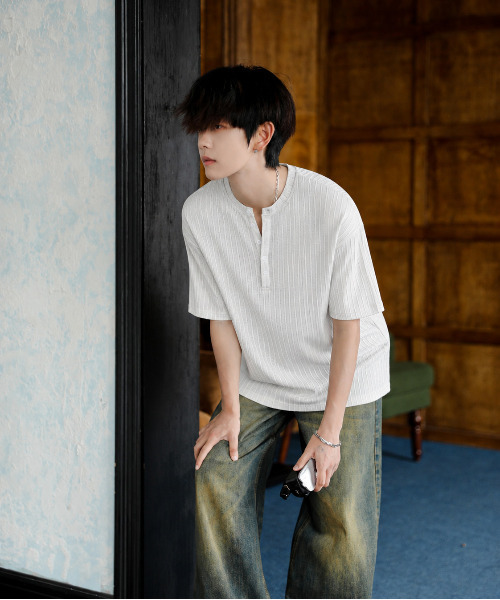 neos(ネオス)の「【neos】ヘンリーネック Tシャツ メンズ 半袖 ニットソー リブ編み ルーズシルエット 韓国 カットソー(Tシャツ/カットソー・メンズ・グレイッシュベージュ/チャコールグレー/ホワイト/ブラック・MEDIUM/LARGE/X-LARGE)」の18枚目の写真