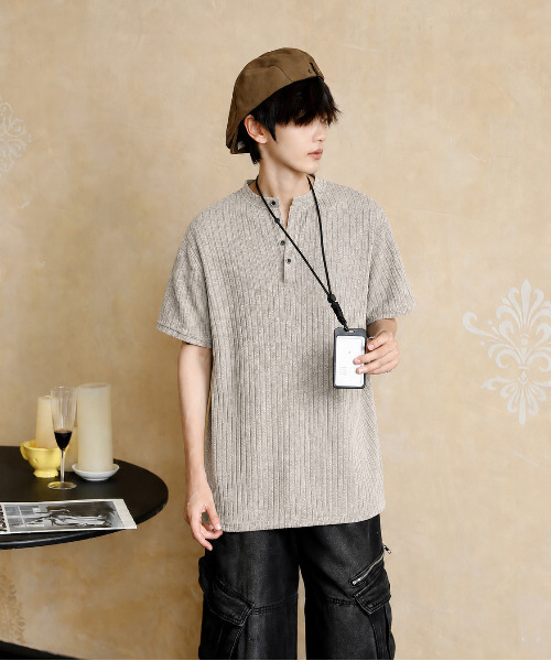 neos(ネオス)の「【neos】ヘンリーネック Tシャツ メンズ 半袖 ニットソー リブ編み ルーズシルエット 韓国 カットソー(Tシャツ/カットソー・メンズ・グレイッシュベージュ/チャコールグレー/ホワイト/ブラック・MEDIUM/LARGE/X-LARGE)」の22枚目の写真