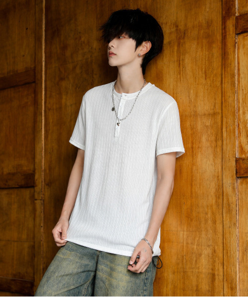 neos(ネオス)の「【neos】ヘンリーネック Tシャツ メンズ 半袖 ニットソー リブ編み ルーズシルエット 韓国 カットソー(Tシャツ/カットソー・メンズ・グレイッシュベージュ/チャコールグレー/ホワイト/ブラック・MEDIUM/LARGE/X-LARGE)」の15枚目の写真