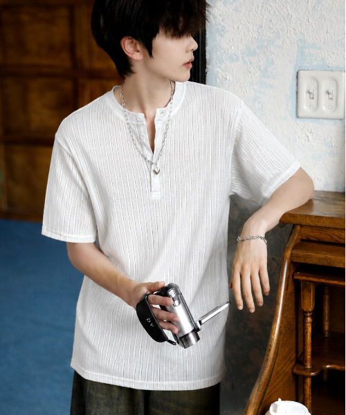 neos(ネオス)の「【neos】ヘンリーネック Tシャツ メンズ 半袖 ニットソー リブ編み ルーズシルエット 韓国 カットソー(Tシャツ/カットソー・メンズ・グレイッシュベージュ/チャコールグレー/ホワイト/ブラック・MEDIUM/LARGE/X-LARGE)」の14枚目の写真