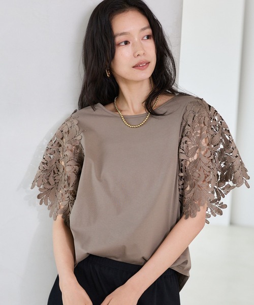 BARNYARDSTORM(バンヤードストーム)の「BARNYARDSTORM / 袖レースカットソー(Tシャツ/カットソー・レディース・モカ/ホワイト/チャコール・FREE)」の6枚目の写真