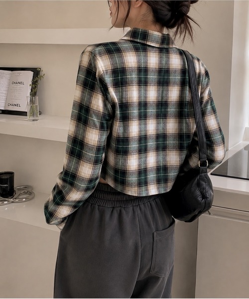 almo（アルモ）の「【Bls】 【ZL】【Bling Leads】ショート丈 韓国風チェックシャツ(BL)（シャツ/ブラウス・レディース・グリーン/ブラウン・FREE）」の5枚目の写真