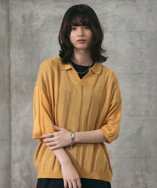 Confirm(コンファーム)の「エンボス スキッパーニットポロシャツ メンズ レディース ユニセックス(ニット/セーター・メンズ・ブラック/イエロー/ネイビー・L/M)」の3枚目の写真