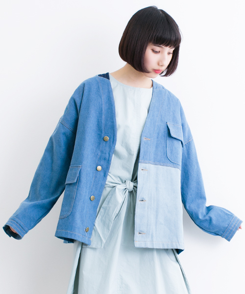 MERLOT（メルロー）の「パッチワークノーカラーデニムGジャン2220（デニムジャケット・レディース・ネイビー/ライトブルー・FREE）」の2枚目の写真